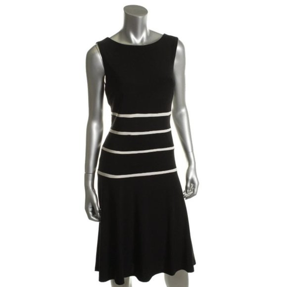 STUNNING Ralph Lauren Black Ivory Matte Jersey Striped Fit n Flare Dress 4 $134 - Picture 1 of 3